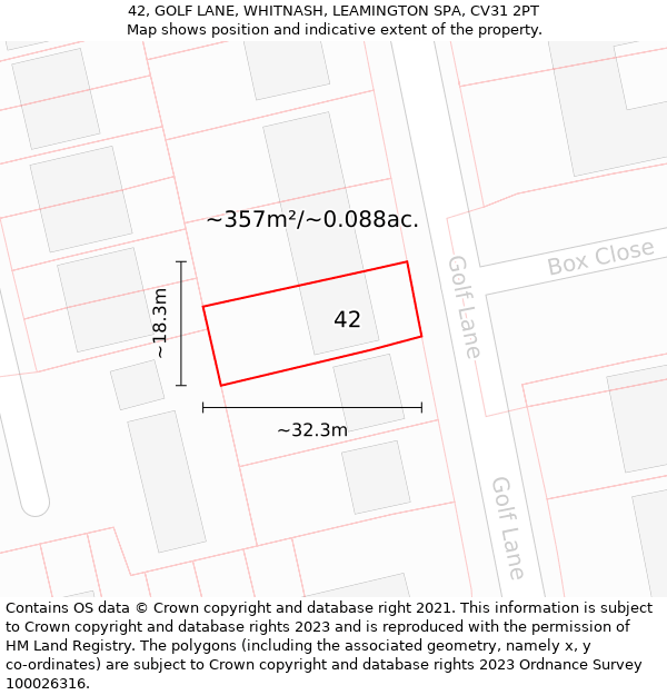 42, GOLF LANE, WHITNASH, LEAMINGTON SPA, CV31 2PT: Plot and title map