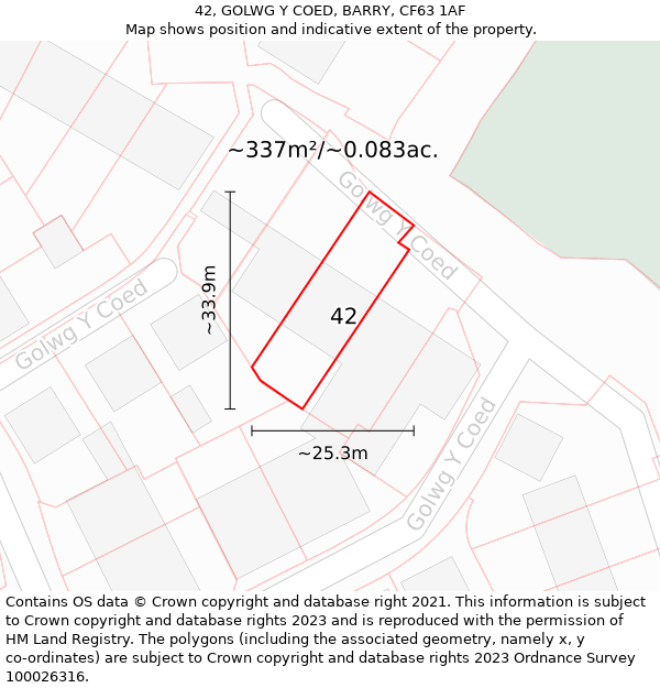 42, GOLWG Y COED, BARRY, CF63 1AF: Plot and title map