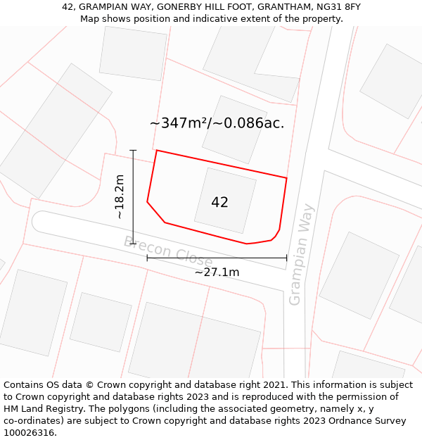 42, GRAMPIAN WAY, GONERBY HILL FOOT, GRANTHAM, NG31 8FY: Plot and title map