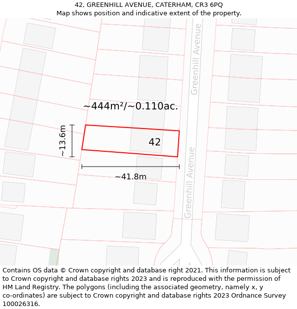 42, GREENHILL AVENUE, CATERHAM, CR3 6PQ: Plot and title map