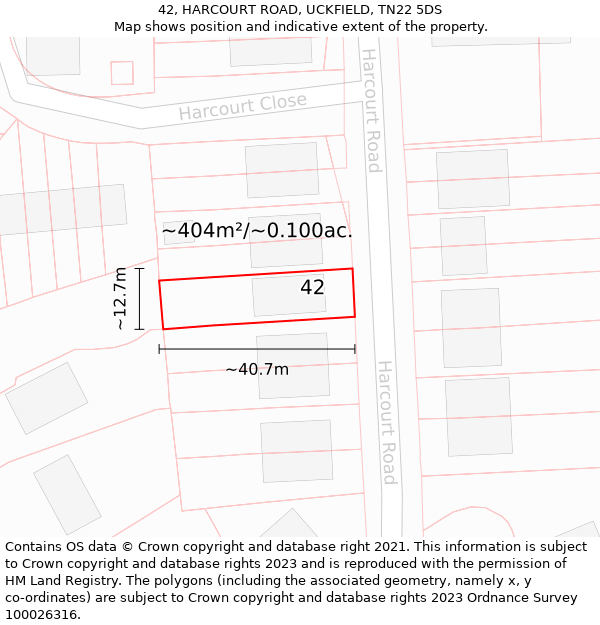 42, HARCOURT ROAD, UCKFIELD, TN22 5DS: Plot and title map