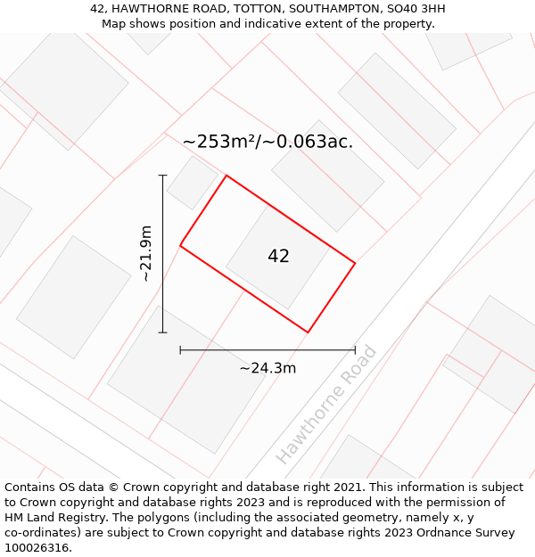 42, HAWTHORNE ROAD, TOTTON, SOUTHAMPTON, SO40 3HH: Plot and title map