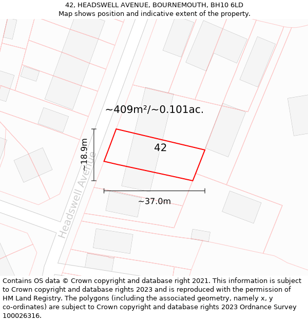 42, HEADSWELL AVENUE, BOURNEMOUTH, BH10 6LD: Plot and title map