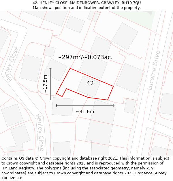 42, HENLEY CLOSE, MAIDENBOWER, CRAWLEY, RH10 7QU: Plot and title map