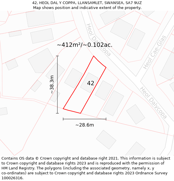 42, HEOL DAL Y COPPA, LLANSAMLET, SWANSEA, SA7 9UZ: Plot and title map