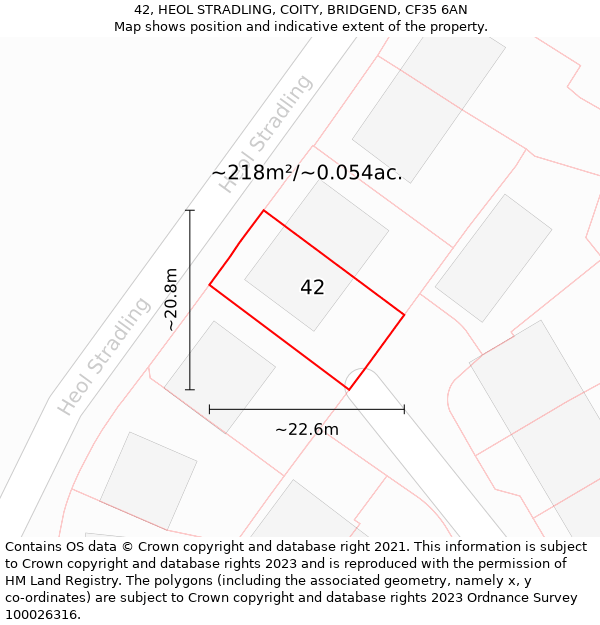 42, HEOL STRADLING, COITY, BRIDGEND, CF35 6AN: Plot and title map