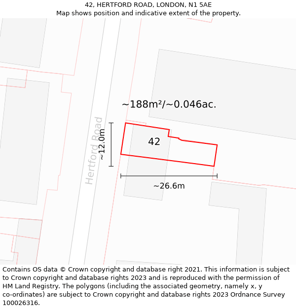 42, HERTFORD ROAD, LONDON, N1 5AE: Plot and title map
