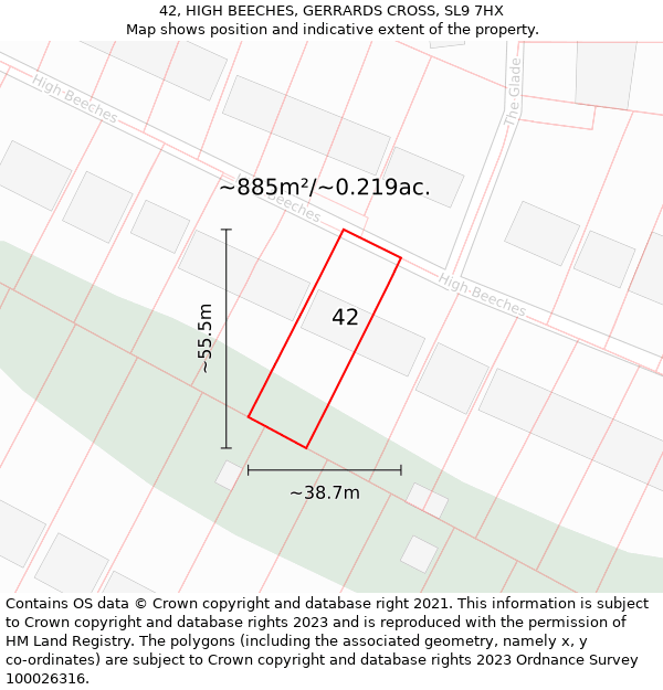 42, HIGH BEECHES, GERRARDS CROSS, SL9 7HX: Plot and title map