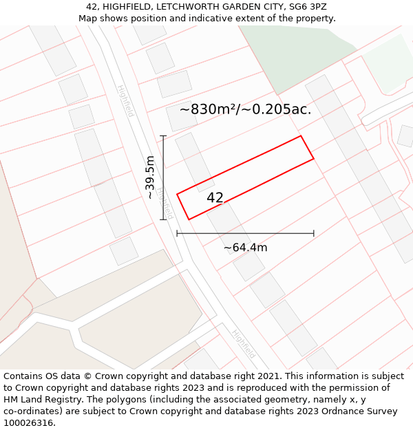 42, HIGHFIELD, LETCHWORTH GARDEN CITY, SG6 3PZ: Plot and title map