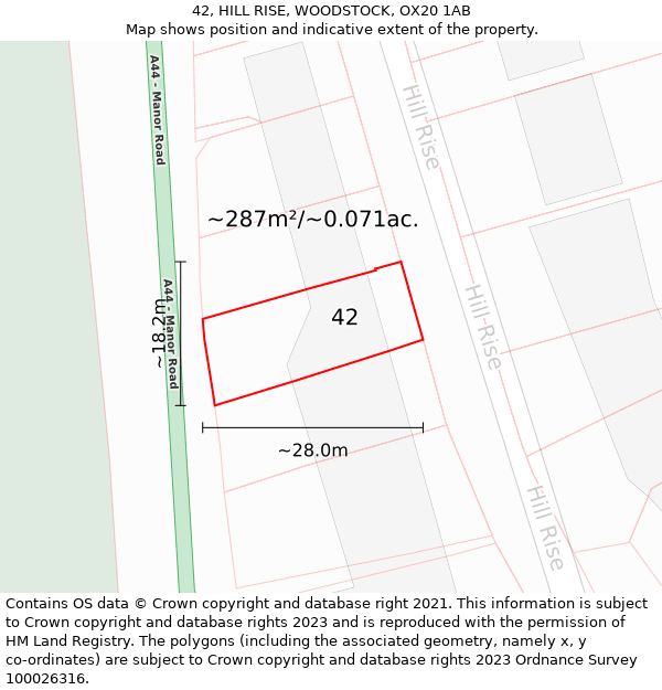 42, HILL RISE, WOODSTOCK, OX20 1AB: Plot and title map