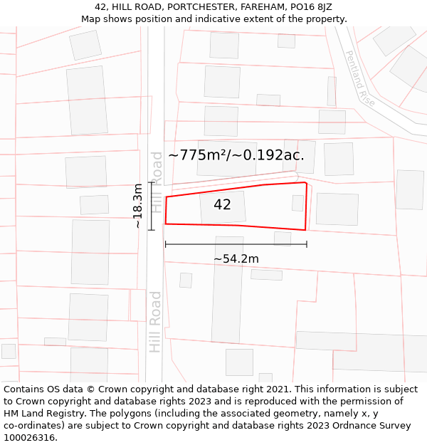 42, HILL ROAD, PORTCHESTER, FAREHAM, PO16 8JZ: Plot and title map