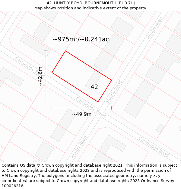 42, HUNTLY ROAD, BOURNEMOUTH, BH3 7HJ: Plot and title map