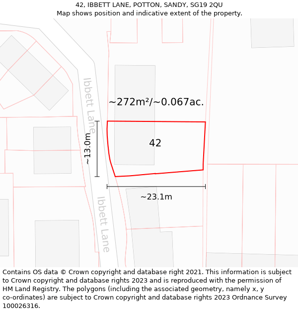 42, IBBETT LANE, POTTON, SANDY, SG19 2QU: Plot and title map