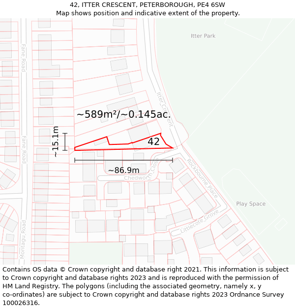 42, ITTER CRESCENT, PETERBOROUGH, PE4 6SW: Plot and title map