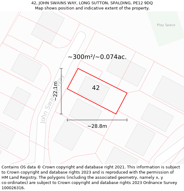 42, JOHN SWAINS WAY, LONG SUTTON, SPALDING, PE12 9DQ: Plot and title map