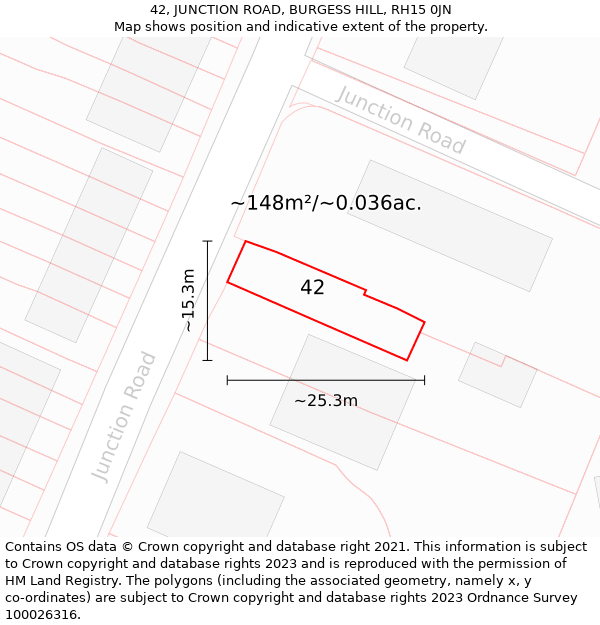 42, JUNCTION ROAD, BURGESS HILL, RH15 0JN: Plot and title map