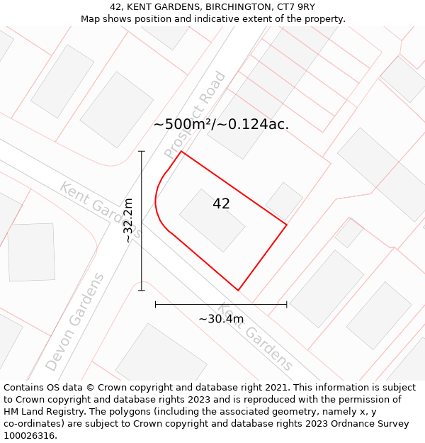 42, KENT GARDENS, BIRCHINGTON, CT7 9RY: Plot and title map