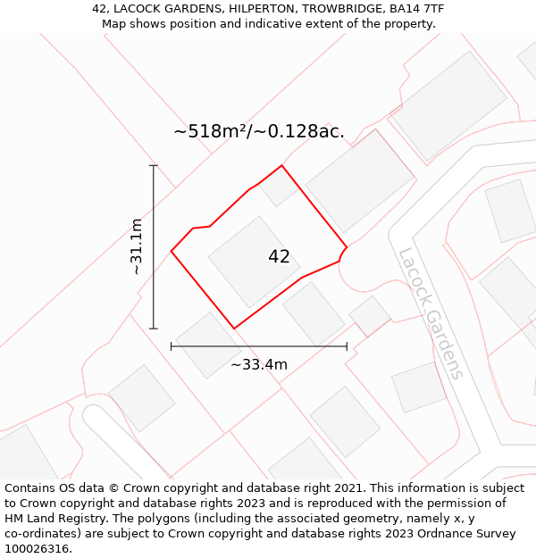 42, LACOCK GARDENS, HILPERTON, TROWBRIDGE, BA14 7TF: Plot and title map