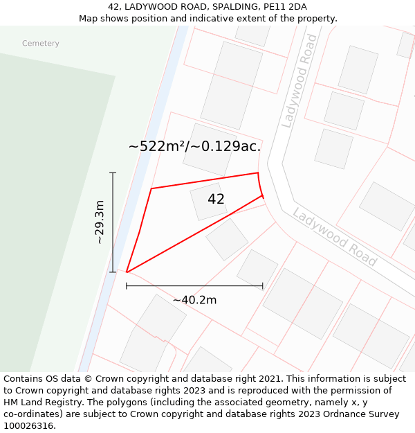 42, LADYWOOD ROAD, SPALDING, PE11 2DA: Plot and title map