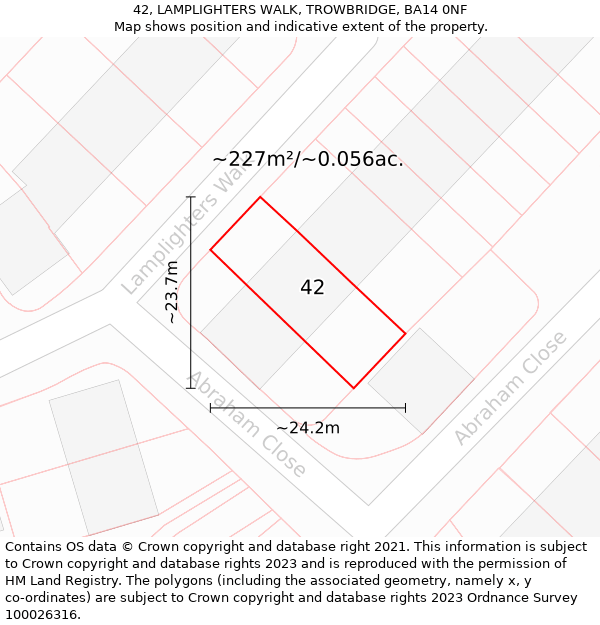 42, LAMPLIGHTERS WALK, TROWBRIDGE, BA14 0NF: Plot and title map