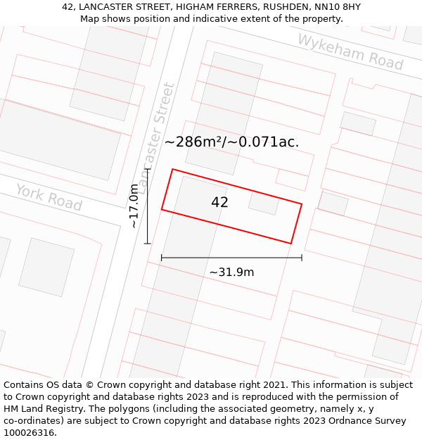 42, LANCASTER STREET, HIGHAM FERRERS, RUSHDEN, NN10 8HY: Plot and title map