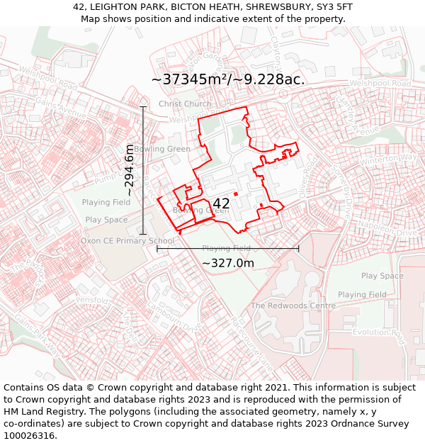 42, LEIGHTON PARK, BICTON HEATH, SHREWSBURY, SY3 5FT: Plot and title map