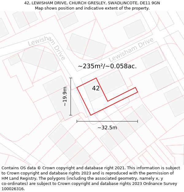 42, LEWISHAM DRIVE, CHURCH GRESLEY, SWADLINCOTE, DE11 9GN: Plot and title map