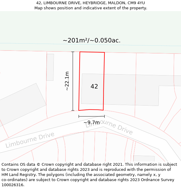 42, LIMBOURNE DRIVE, HEYBRIDGE, MALDON, CM9 4YU: Plot and title map