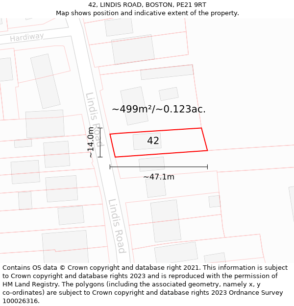 42, LINDIS ROAD, BOSTON, PE21 9RT: Plot and title map