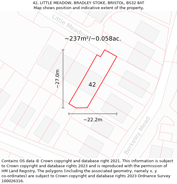 42, LITTLE MEADOW, BRADLEY STOKE, BRISTOL, BS32 8AT: Plot and title map