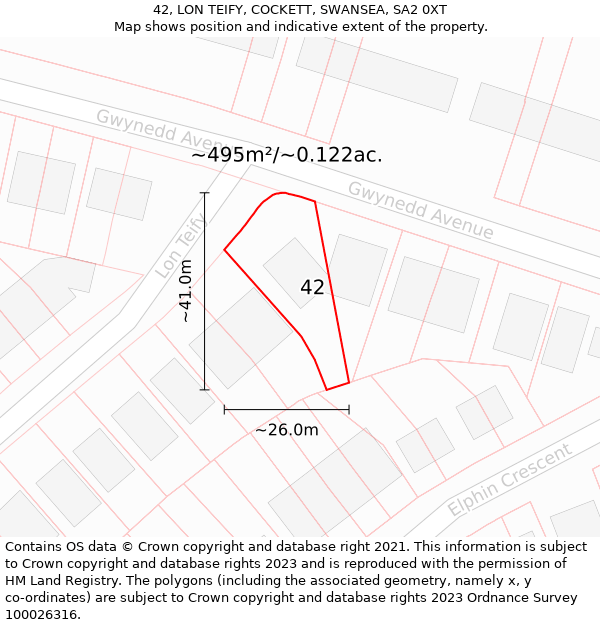 42, LON TEIFY, COCKETT, SWANSEA, SA2 0XT: Plot and title map