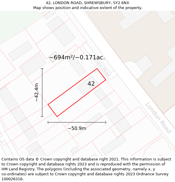 42, LONDON ROAD, SHREWSBURY, SY2 6NX: Plot and title map