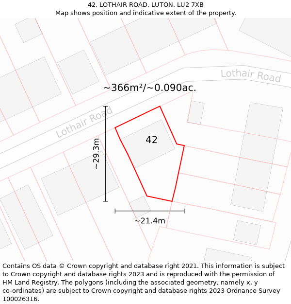 42, LOTHAIR ROAD, LUTON, LU2 7XB: Plot and title map