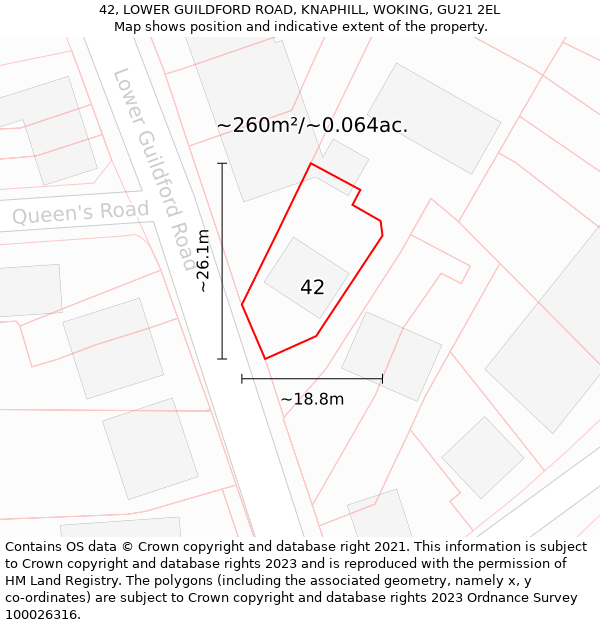 42, LOWER GUILDFORD ROAD, KNAPHILL, WOKING, GU21 2EL: Plot and title map