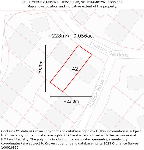 42, LUCERNE GARDENS, HEDGE END, SOUTHAMPTON, SO30 4SE: Plot and title map