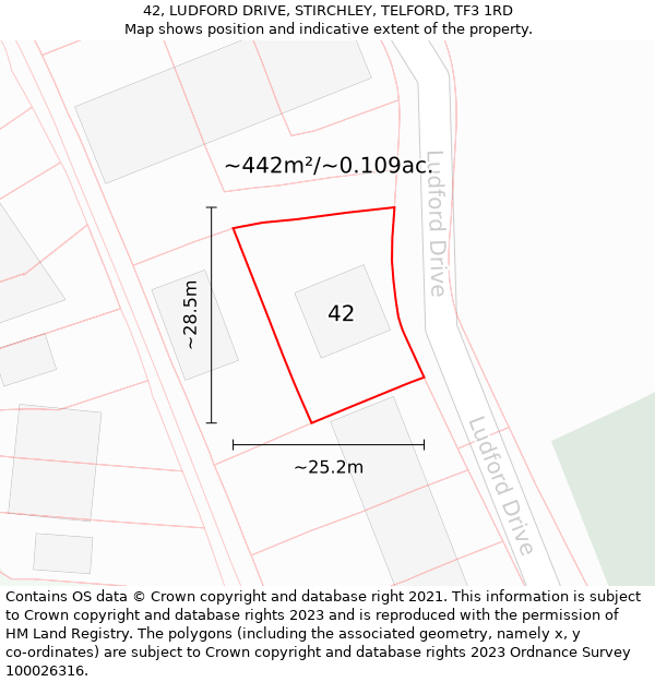 42, LUDFORD DRIVE, STIRCHLEY, TELFORD, TF3 1RD: Plot and title map