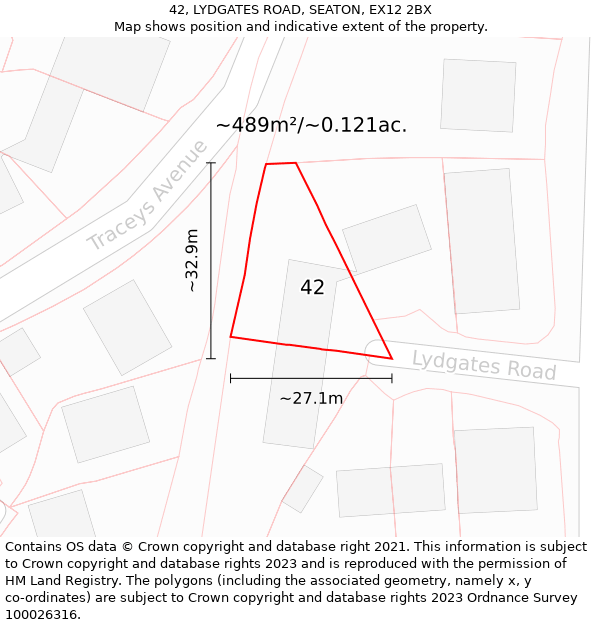 42, LYDGATES ROAD, SEATON, EX12 2BX: Plot and title map