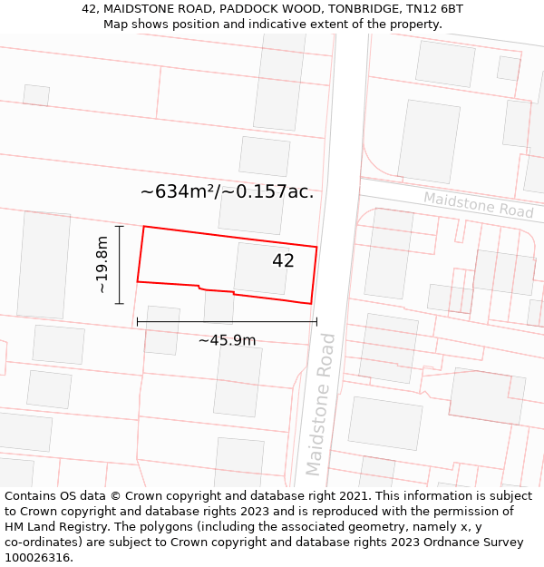 42, MAIDSTONE ROAD, PADDOCK WOOD, TONBRIDGE, TN12 6BT: Plot and title map