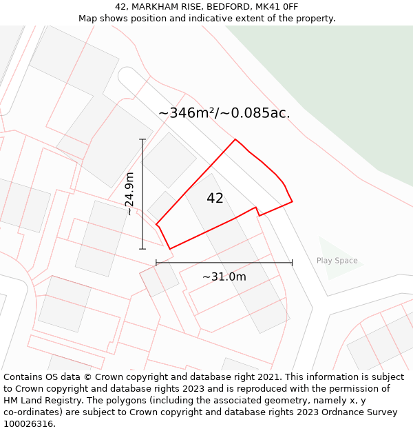 42, MARKHAM RISE, BEDFORD, MK41 0FF: Plot and title map