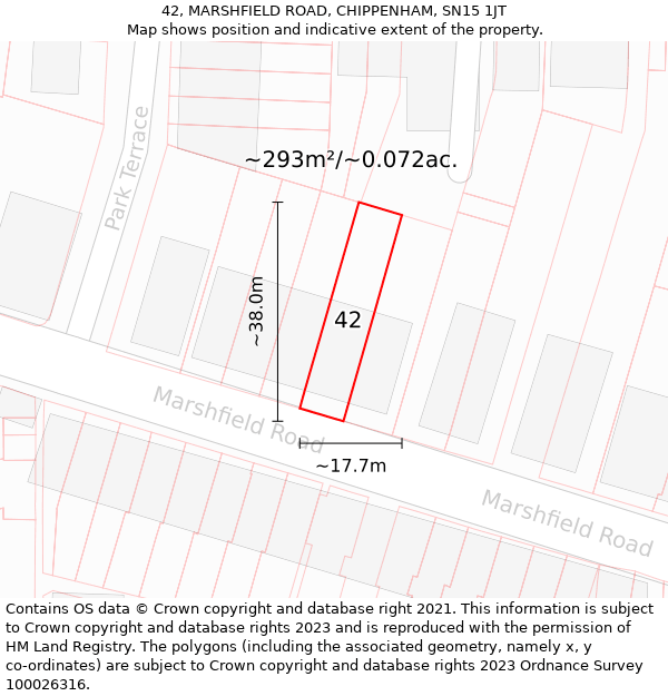 42, MARSHFIELD ROAD, CHIPPENHAM, SN15 1JT: Plot and title map