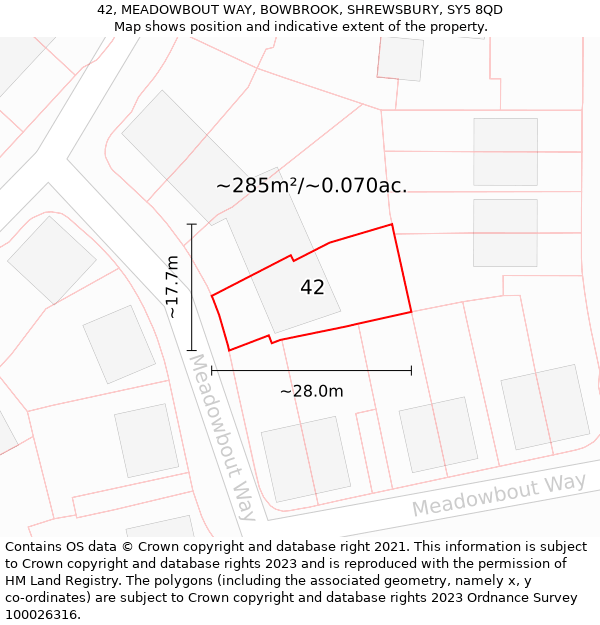 42, MEADOWBOUT WAY, BOWBROOK, SHREWSBURY, SY5 8QD: Plot and title map