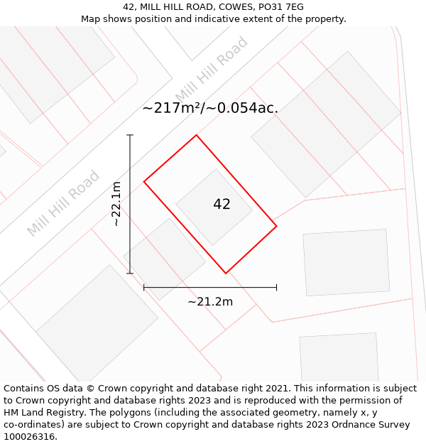 42, MILL HILL ROAD, COWES, PO31 7EG: Plot and title map