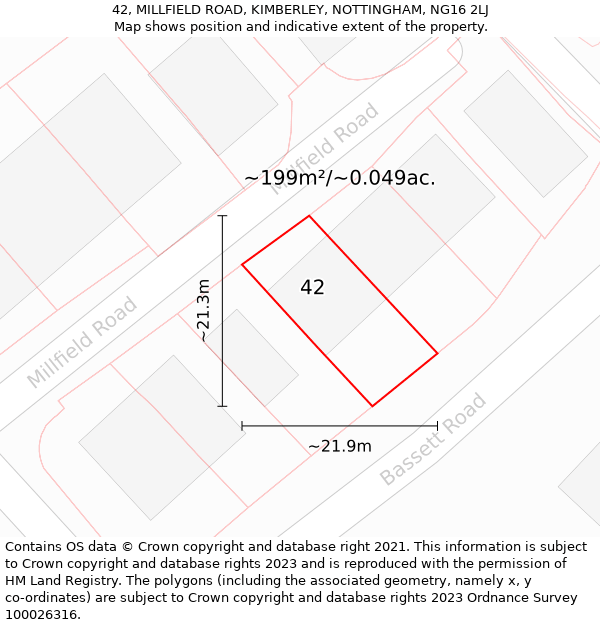 42, MILLFIELD ROAD, KIMBERLEY, NOTTINGHAM, NG16 2LJ: Plot and title map