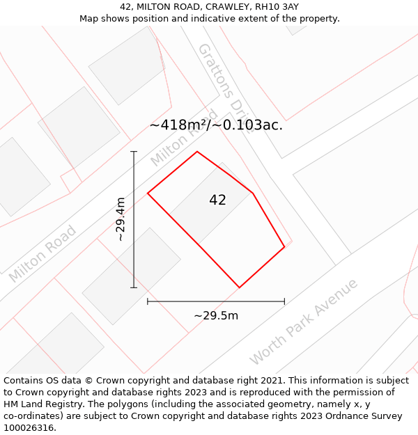 42, MILTON ROAD, CRAWLEY, RH10 3AY: Plot and title map