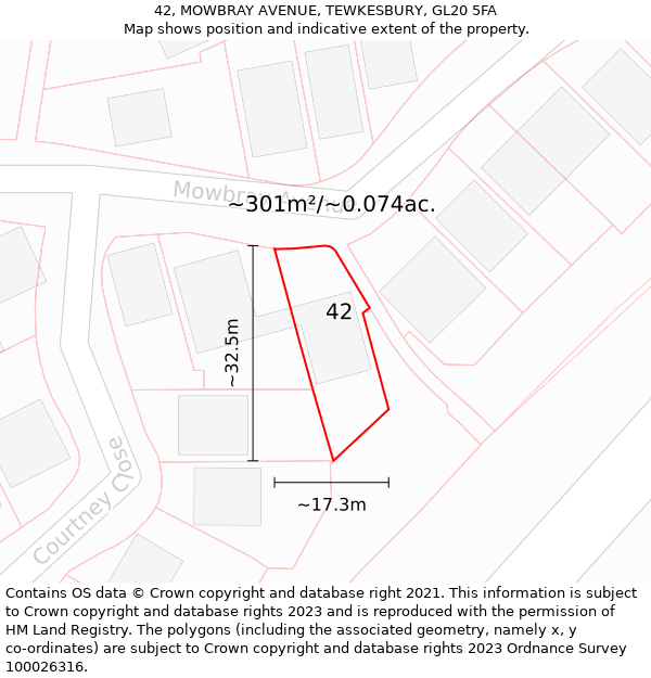 42, MOWBRAY AVENUE, TEWKESBURY, GL20 5FA: Plot and title map