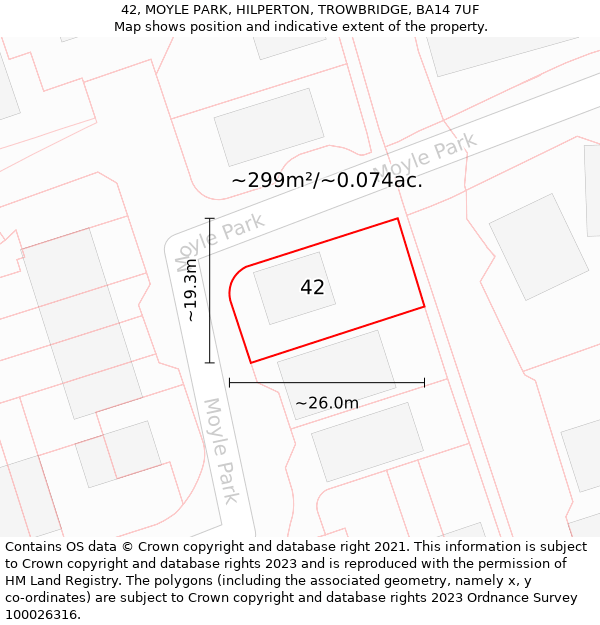 42, MOYLE PARK, HILPERTON, TROWBRIDGE, BA14 7UF: Plot and title map