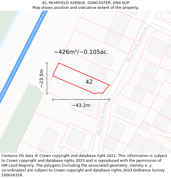 42, MUIRFIELD AVENUE, DONCASTER, DN4 6UP: Plot and title map