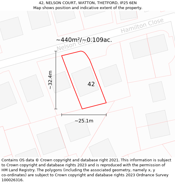 42, NELSON COURT, WATTON, THETFORD, IP25 6EN: Plot and title map