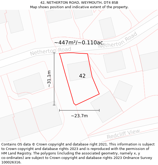 42, NETHERTON ROAD, WEYMOUTH, DT4 8SB: Plot and title map