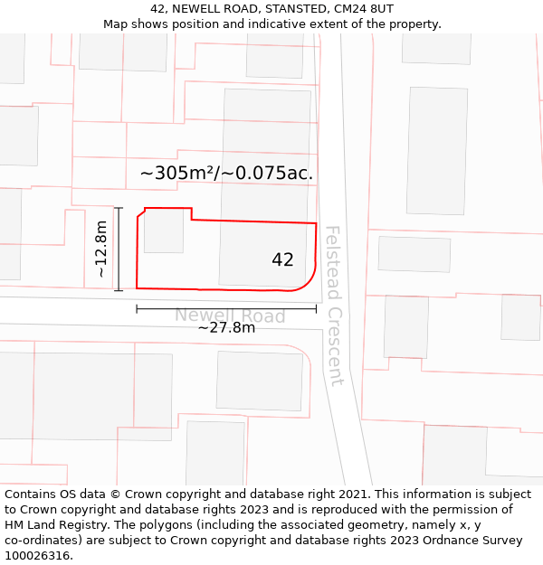 42, NEWELL ROAD, STANSTED, CM24 8UT: Plot and title map